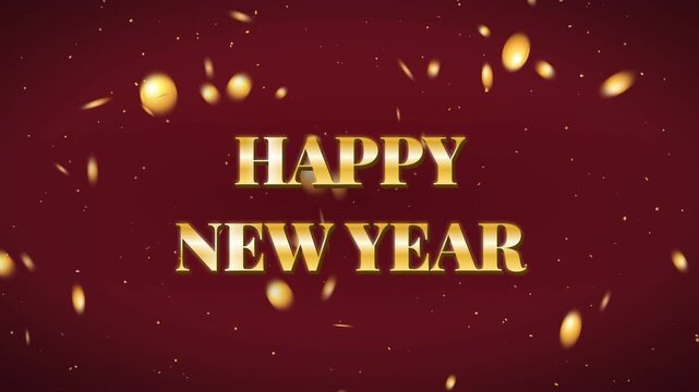 Elegant Golden Happy New Year Typography with Continuous Raining Gold Glitter and Coins