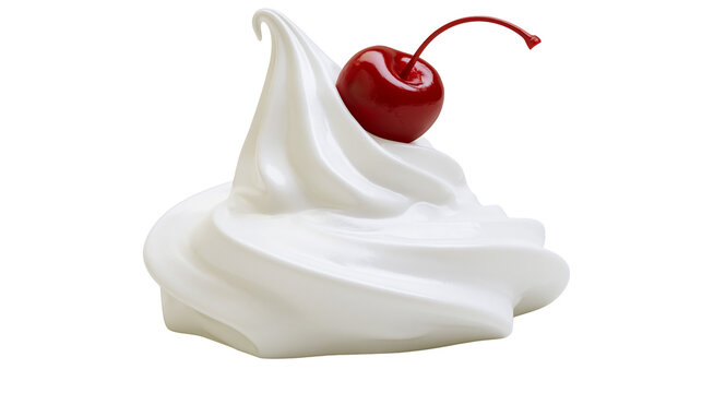 Swirl of white soft serve ice cream topped with a glossy red maraschino cherry, isolated on transparent background