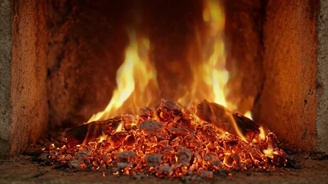 Rustic fireplace fire burning glowing embers in stone hearth with warm heat, ash, coal, flame, and dramatic light for cozy winter home comfort