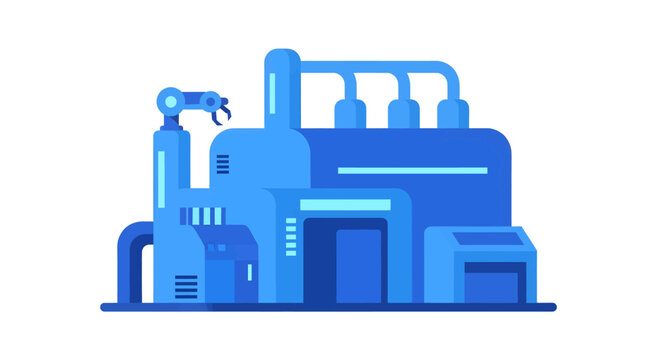 A modern blue industrial factory building with a robotic arm, pipes, and tanks, representing automation and manufacturing processes.