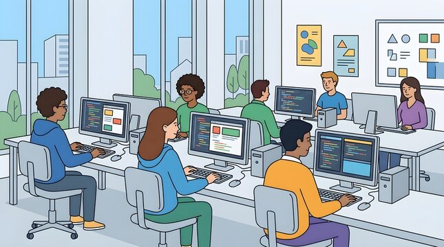 Illustration of students learning computer programming in a modern computer lab. Diverse learners practice coding, software development, digital skills, and computational thinking in a collaborative e