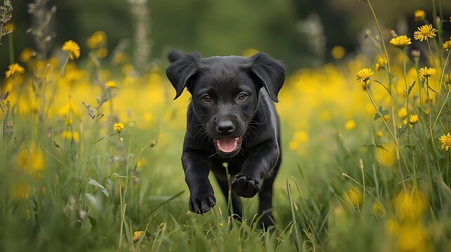 Black dog bounding through a field of yellow blooms