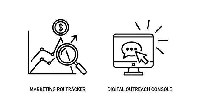 Marketing roi tracker and digital outreach console icons with marketing