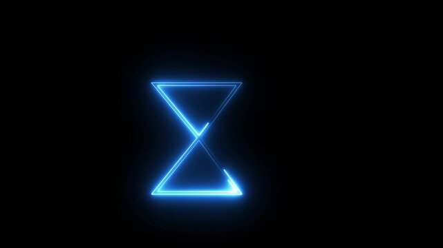 Abstract hourglass animation with glowing blue neon lines on black background motion graphic.
