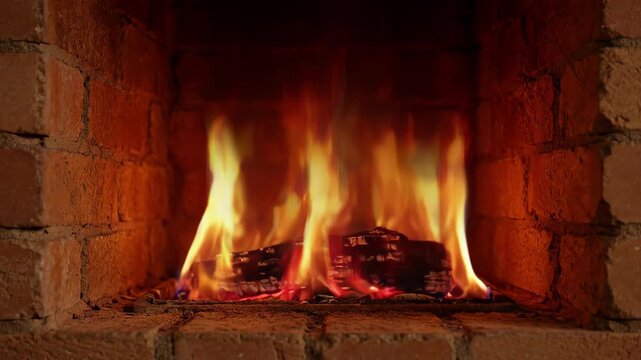 Cozy Fireplace Fire Burning Brick Hearth with Glowing Flame, Smoke, Warm Wood Interior, Rustic Log Embers, Heat, Comfort, Traditional Home Atmosphere
