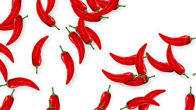 Red Chili Peppers Falling Downward Against a Plain White Background