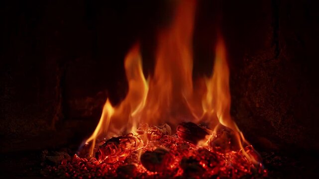 Fireplace fire burning embers glowing dark hearth with orange flame and hot coal creating warm home atmosphere, fireplace fire burning glowing embers dark interior, fireplace fire burning ember flame