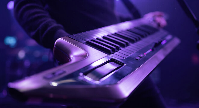 A macro, high-definition photograph of a professional keytar, focusing on the ergonomic curve of the neck, the tactile sensitivity of the synth-action keys,