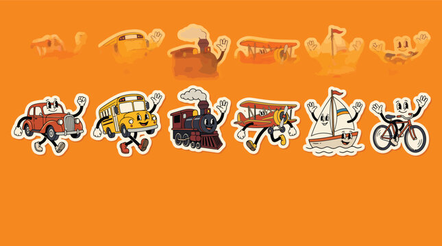 Collection of retro cartoon anthropomorphic vehicles including a car bus train airplane boat and bicycle perfect for childrens books and nostalgic designs