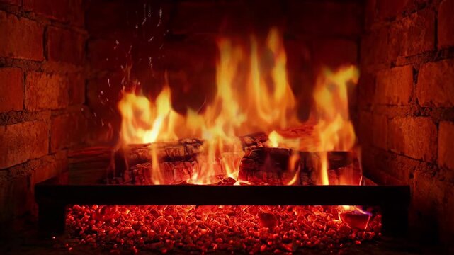 Cozy fireplace fire burning in brick hearth with glowing ember, bright flame, warm wood and interior comfort in winter room