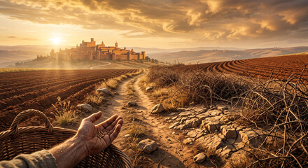 Obraz premium Bible, A low-key, dramatic photograph from the Sower’s point of view, looking out over the varied terrain of the field—the path, the rocks, the thorns, and the good earth. 