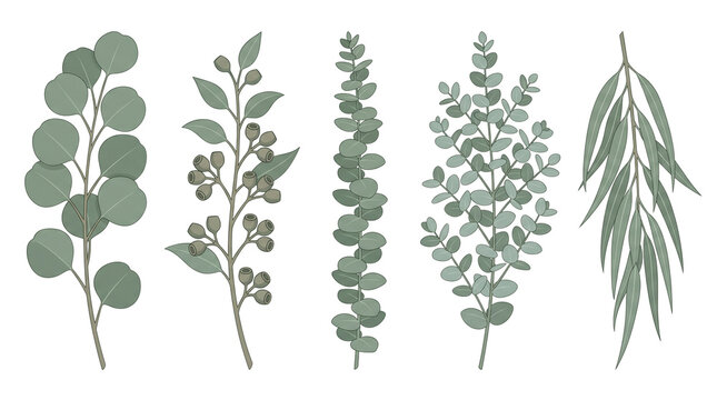 Eucalyptus leaf collection with 5 botanical branches, sage green silver dollar eucalyptus stems, organic willow and seeded eucalyptus foliage set isolated PNG with Transparent Background