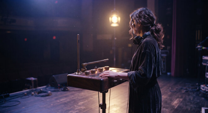 A candid, contemplative photograph of a musician standing alone on a silent, darkened stage after a performance, with their hand resting gently on the wooden casing of the theremin
