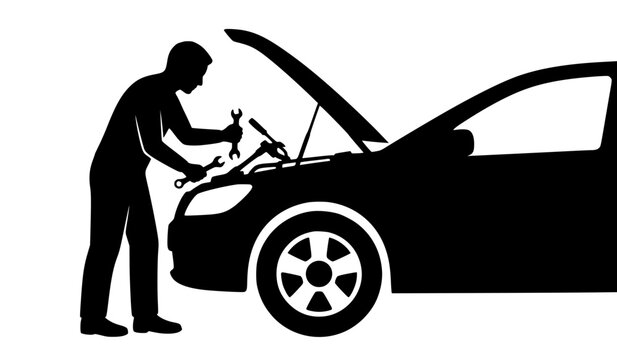Car Mechanic Repairing Vehicle Engine with Wrench Silhouette Auto Service Maintenance Vector