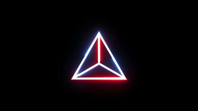 Glowing neon triangle pulsating with red and blue lights on black background.