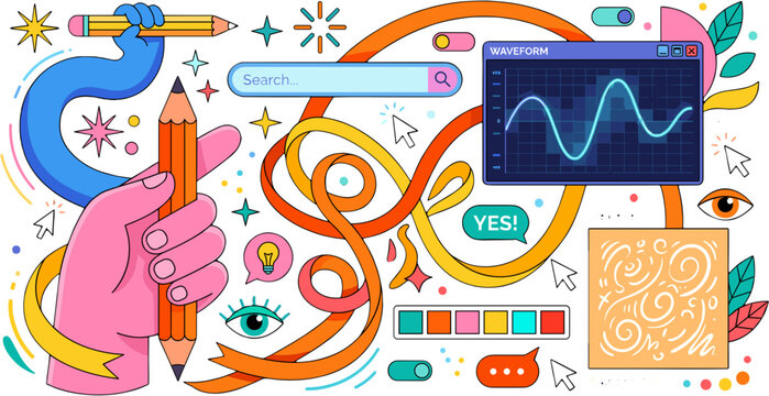 Creative Digital Design Process Illustration with Hands Pencils and UI Elements.