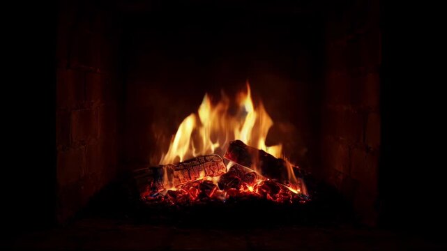 Fireplace fire burning logs with glowing ember, warm flame and dark brick hearth in cozy rustic wood interior, warm comfort energy and evening atmosphere
