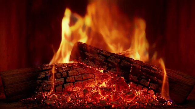 Fireplace fire burning wood logs embers flame glow heat in dark hearth, cozy indoor winter warmth with smoke ash and glowing log fire ambiance