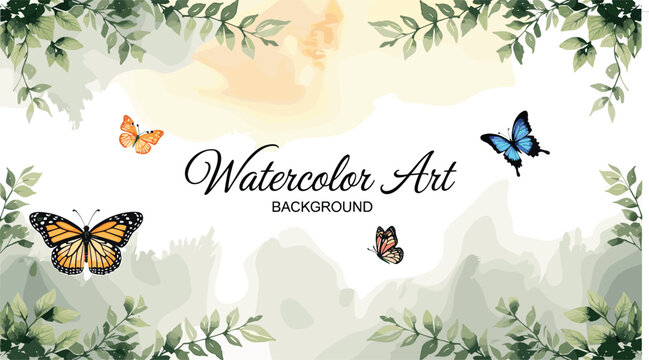 Watercolor banner background template with monarch butterflies green leaves foliage border frames and artistic splashes