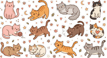 Obraz premium Cute Hand Drawn Cartoon Cats Seamless Pattern with Stars and Hearts on Black Background.