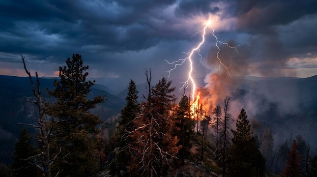 Wildfire rages under stormy sky with lightning, engulfing dry grassland and trees
