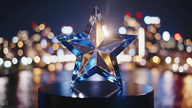 Crystal star award trophy with city lights bokeh.