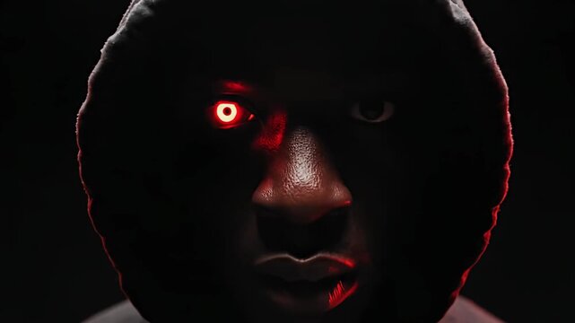 Dark portrait of hooded man with glowing cybernetic eye.