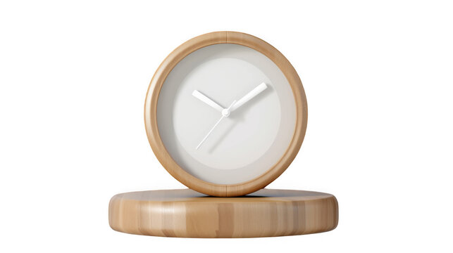 Wall clock with a wooden frame is mounted on a circular wooden pedestal to create a minimalist display representing punctuality and organization.
