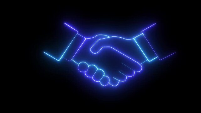 Blue neon line art icon depicting professional handshake agreement, concept of business partnership trust and successful collaboration, dark background