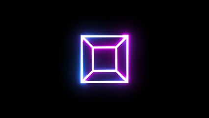 Fototapeta premium Glowing 3d cube frame with vibrant purple and blue neon lines on solid black background.