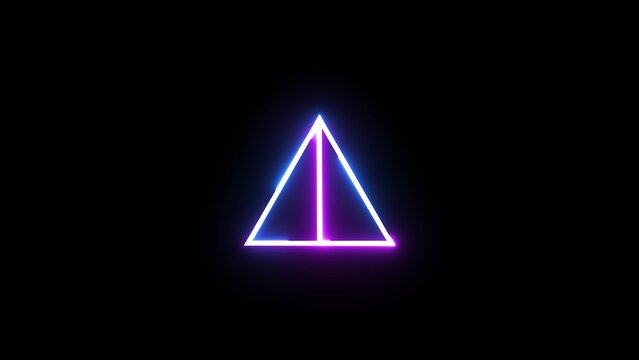 Triangular neon light sign flickering with blue and purple colors on black void background.