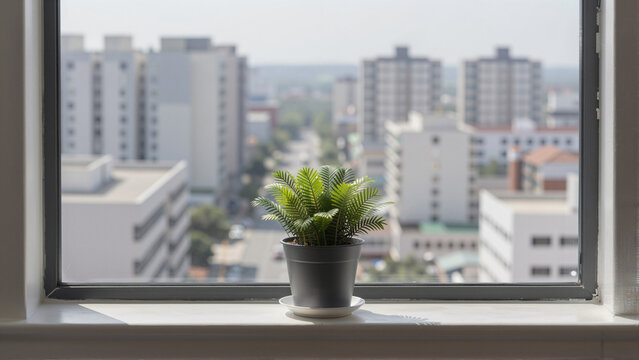 Small green potted plant on a windowsill with blurry city view