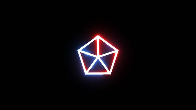 Neon glowing pentagon wireframe shape with vibrant blue and red light rays in dark space.