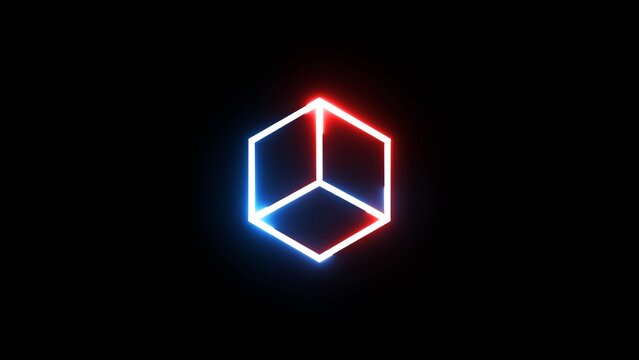 Neon glowing cube wireframe floating in dark space with vibrant blue and red light effects.