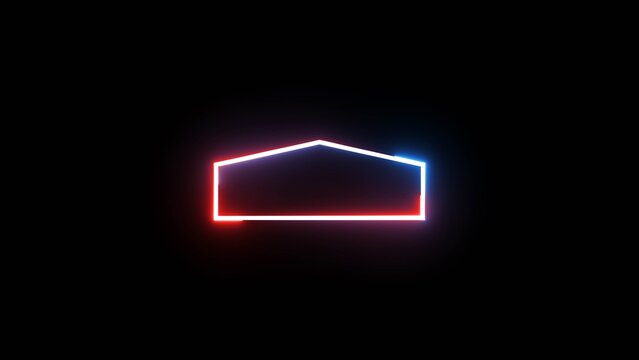 Neon glowing house outline on black background, abstract animation, dynamic energy light.