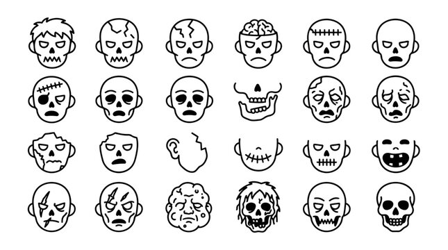 Collection of Cartoon Zombie Heads with Various Expressions and Skull Faces in Black and White Line Art Style