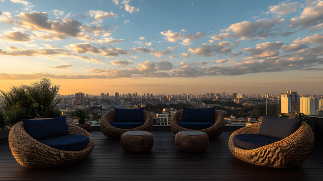 Contemporary Rooftop Lounge Area with Cityscape View at Sunset