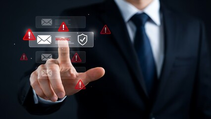 Obraz premium A man in a suit interacts with a digital interface displaying email notifications and security symbols.