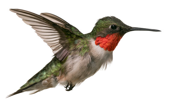 Male ruby-throated hummingbird with iridescent green feathers and red gorget, isolated on transparent background