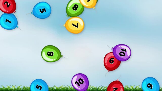 Colorful Numbered Balloons Falling Over Green Grass and Blue Sky