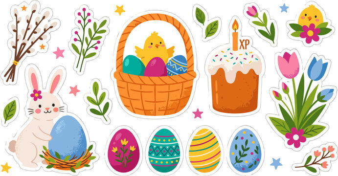 Easter Holiday Sticker Set with Bunny Chick Eggs and Traditional Cake.
