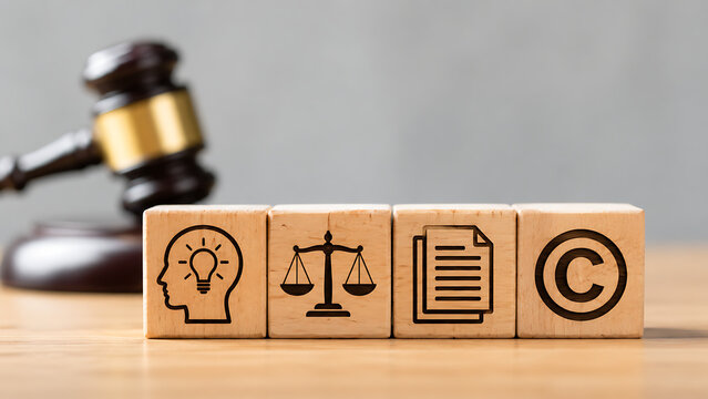 Intellectual property law concept with gavel and four wooden blocks showing idea justice document and copyright symbols