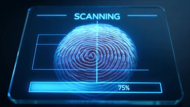 Digital security fingerprint scan biometric identity access control authentication futuristic interface with glowing blue screen and progress bar for cyber protection and verification