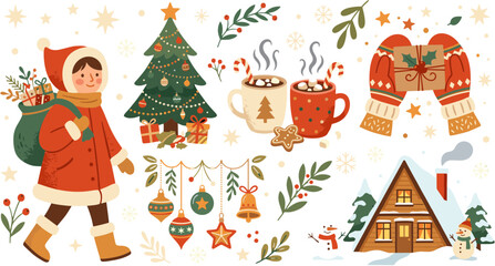 Fototapeta premium Festive Christmas Illustration Set with Winter Character Tree Hot Cocoa and Cozy Cabin.