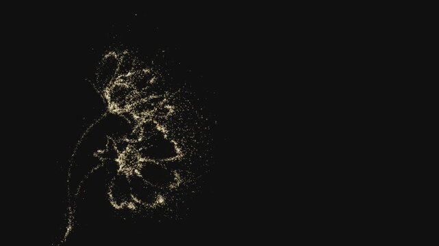 abstract gold flower silhouette forming and wind dissolving from glowing particles on black background for elegant nature wellness romance and luxury beauty motion graphics