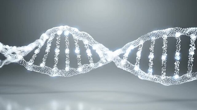 Glowing white DNA double helix on dark background.