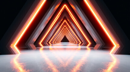 Naklejka premium Abstract 3d tunnel with glowing orange neon triangular frames and reflective floor, futuristic corridor background for digital design