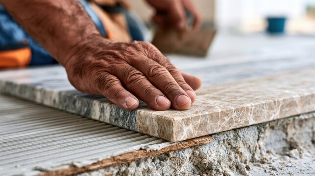 Tile Installation Process: Hand Placement and Tiling Technique in Home Renovation with Professional Craftsmanship and Masonry Tools