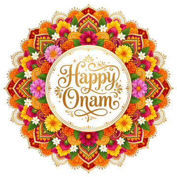 Happy Onam circular floral mandala design with traditional elements