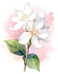 Fototapeta premium Delicate White Blossom Branch Painted in Soft Pink Watercolor Background